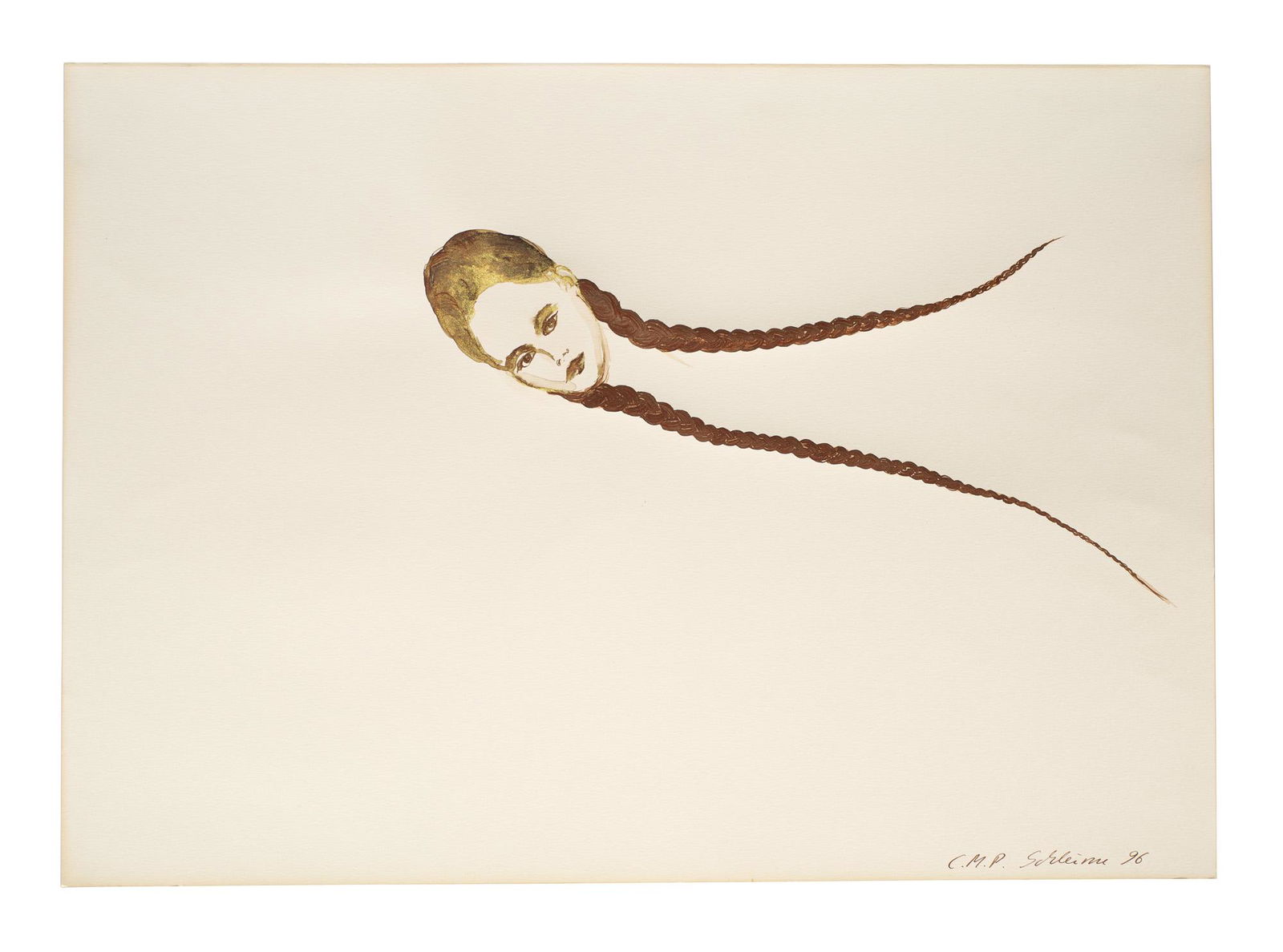 Cornelia Schleime Rituale (Zopfbilder). 1996. Aquarell und Feder auf leichtem, chamoisfarbenem: Schleime, Cornelia Rituale (Zopfbilder). 1996. Aquarell und Feder auf leichtem, chamoisfarbenem Karton. 50 x 70 cm. Signiert und datiert. - Verso mit Spuren der vorherigen Montierung. Wohlerhalten und