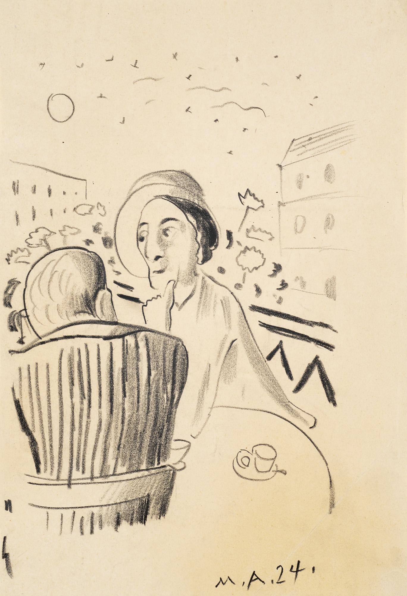 Max Ackermann Im Café. 1924. Bleistift auf dünnem Velin mit Perforation. 29,6 x 20,2 cm.: Ackermann, Max Im Café. 1924. Bleistift auf dünnem Velin mit Perforation. 29,6 x 20,2 cm. Monogrammiert und datiert. Punktuell auf Unterlage montiert, dort verso signiert, datiert betitelt u
