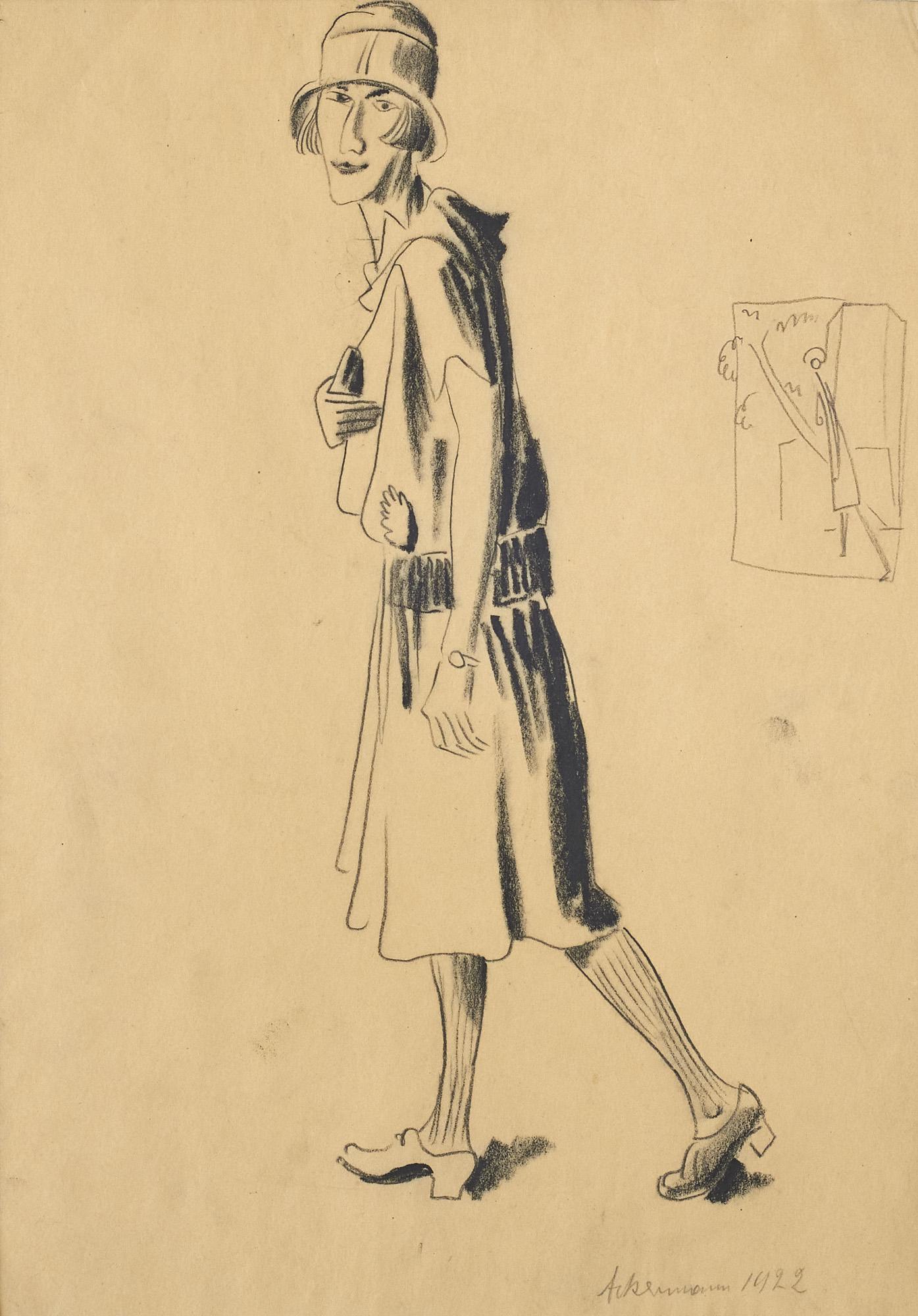 Max Ackermann Schreitende. 1922. Kohle auf transparentem Velin, punktuell montiert auf: Ackermann, Max Schreitende. 1922. Kohle auf transparentem Velin, punktuell montiert auf chamoisfarbenem Velin. 35,5 x 25,5 cm (50 x 38 cm). Mit Bleistift signiert und datiert, verso durch fremde Hand