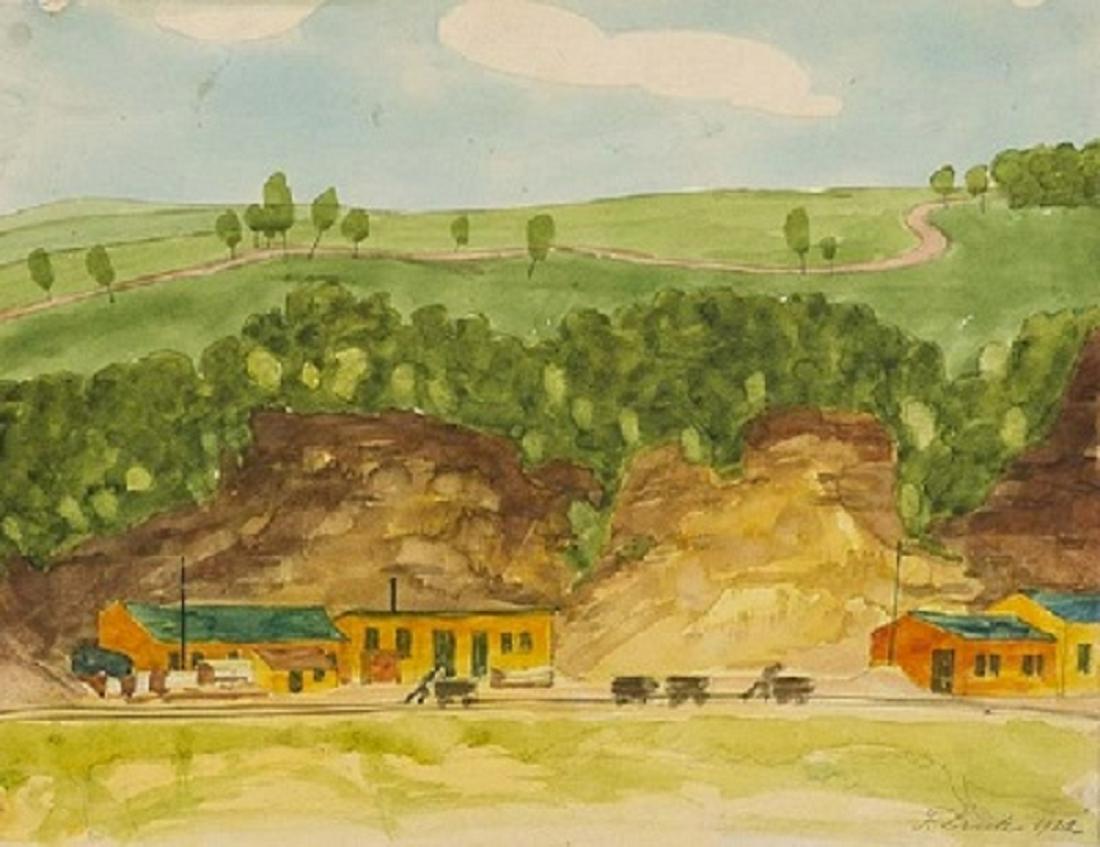 Franz Lenk Landschaft. 1922. Aquarell über Bleistift auf Vèlin. 22,5 x 29,5 cm. Signiert: Neue Sachlichkeit Lenk, Franz Landschaft. 1922. Aquarell über Bleistift auf Vèlin. 22,5 x 29,5 cm. Signiert und datiert. - Kanten punktuell unwesentlich angestoßen. Verso mit Spuren der
