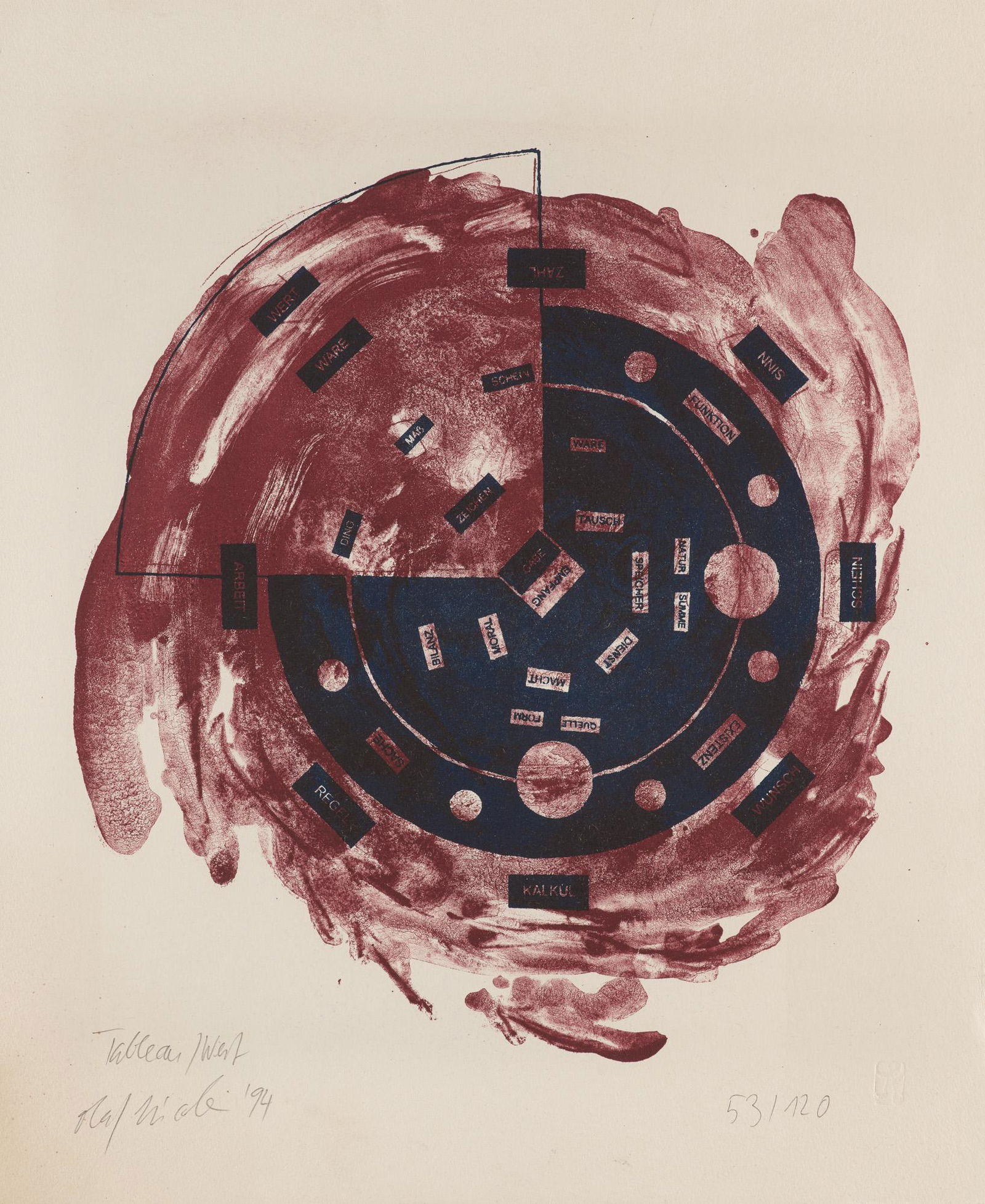 Olaf Nicolai Tableau / Wert. 1994. Farblithographie auf festem Vélin. In Bleistift signiert,: Deutsche Nachkriegsmoderne Nicolai, Olaf Tableau / Wert. 1994. Farblithographie auf festem Vélin. In Bleistift signiert, datiert, betitelt und nummeriert. Mit Blindstempel. 28 x 26 cm (37 x 31 cm