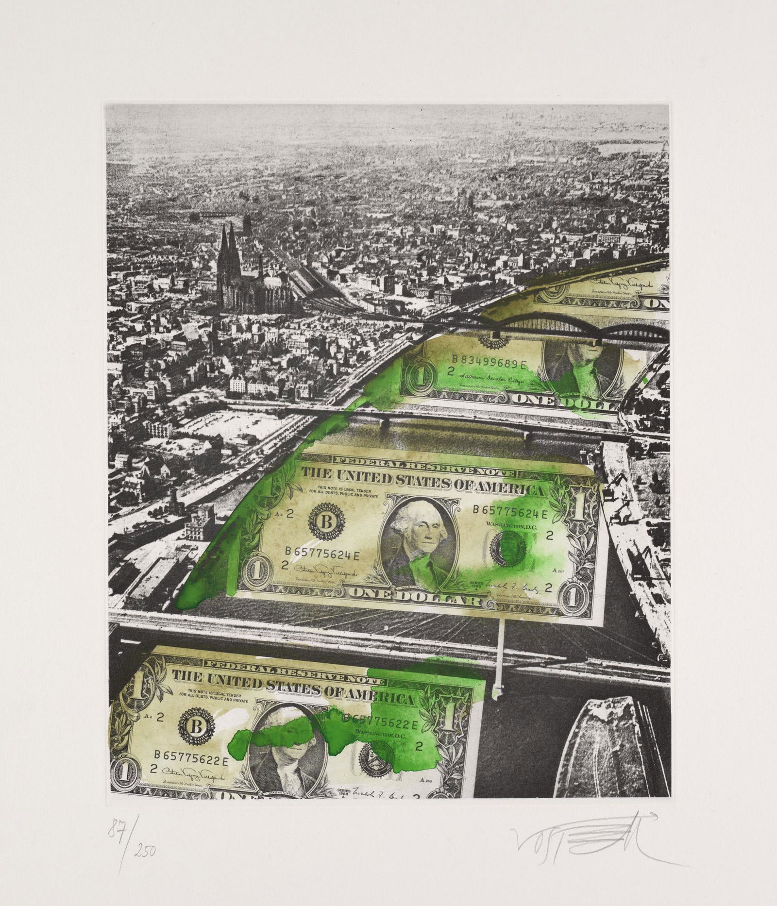 Wolf Vostell Sammlung aus 2 Arbeiten. 1974/1992. Eine Serigraphie z.T. farbig und eine: Fluxus Vostell, Wolf Sammlung aus 2 Arbeiten. 1974/1992. Eine Serigraphie z.T. farbig und eine Heliogravüre mit Aquarellfarbe überarbeitet auf Bütten. Blattmaße von 24 x 30,1 cm bi