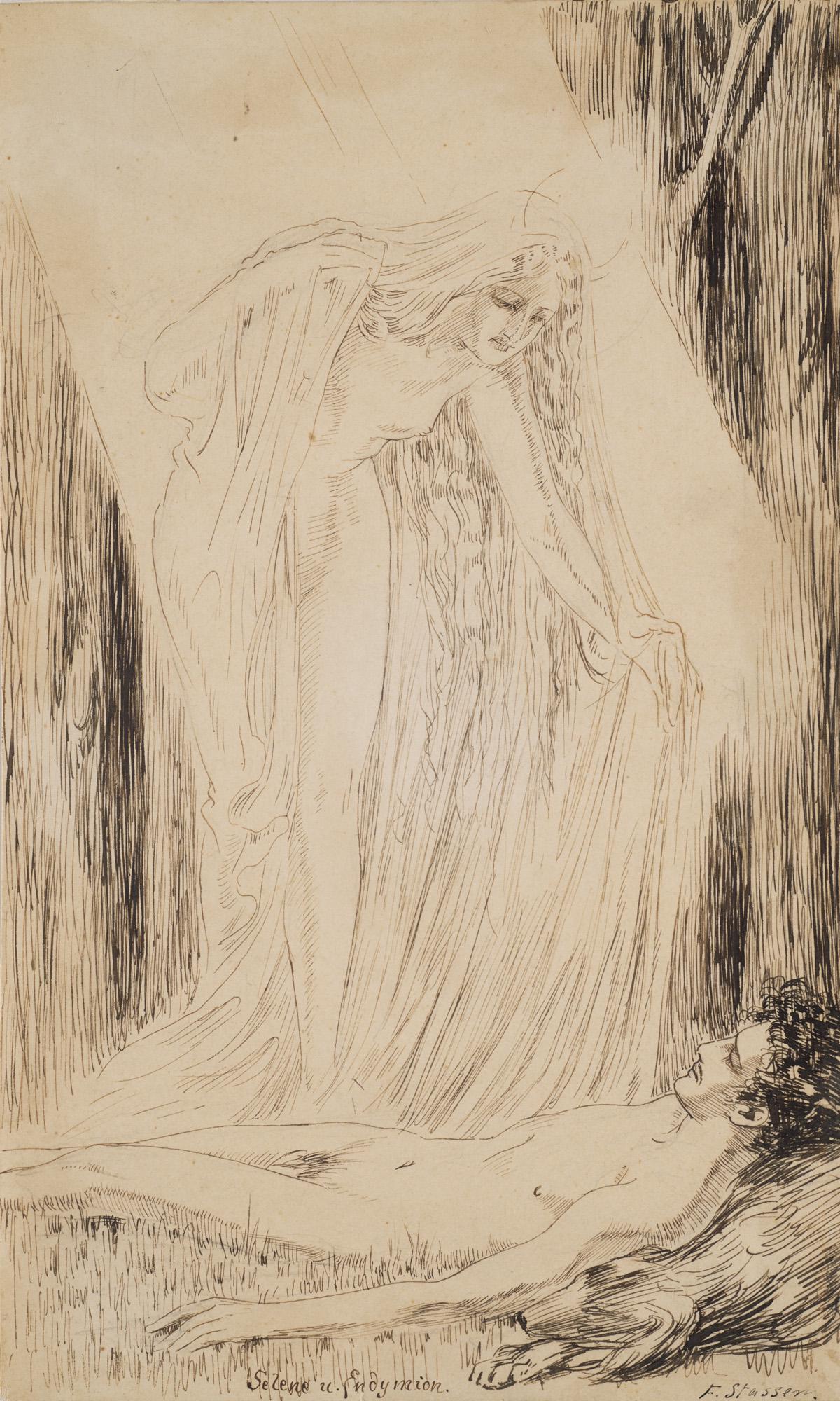 Franz Stassen Selene und Edymion. Tuschfederzeichnung in schwarz auf glattem, chamoisfarbenem Velin.: Jahrhundertwende Stassen, Franz Selene und Edymion. Tuschfederzeichnung in schwarz auf glattem, chamoisfarbenem Velin. 20 x 12 cm. Signiert und betitelt. Voll auf festem Papier aufgezogen. - Das Papie