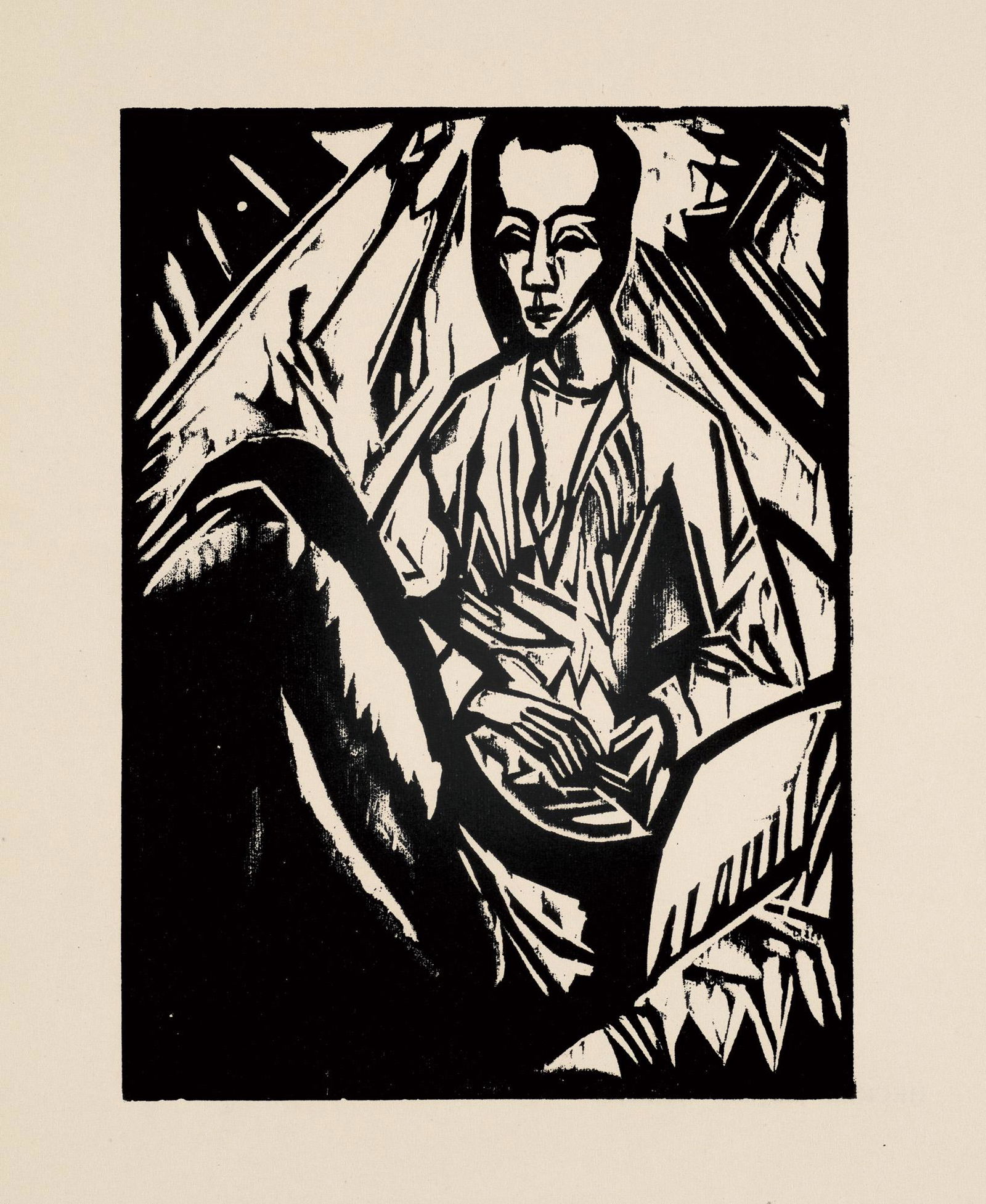 Erich Heckel Krankes Mädchen/ Jüngling. 1913. Holzschnitt auf chamoisfarbenem Vélin.: Klassische Moderne - Expressionismus Heckel, Erich Krankes Mädchen/ Jüngling. 1913. Holzschnitt auf chamoisfarbenem Vélin. 19 x 13,8 cm (32,5 x 24 cm). Verso typographisch bezeichnet "E