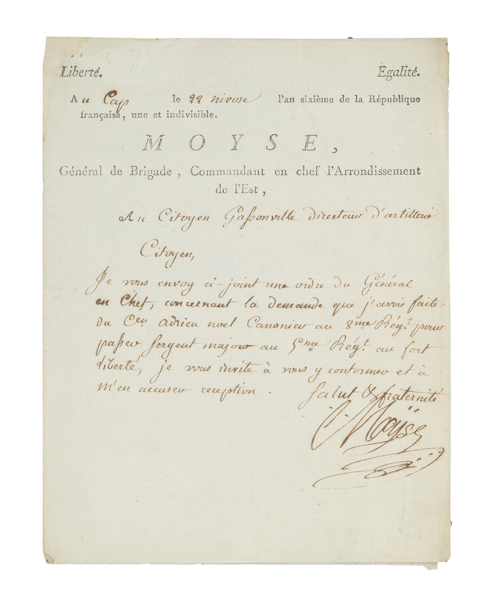 Haiti - Saint-Domingue Moyse, Hyacinthe Eh. unterschriebener Brief an den Bürger Gassonville.: Haiti - Saint-Domingue Moyse, Hyacinthe Eh. unterschriebener Brief an den Bürger Gassonville. Le Cap (Saint-Domingue), 22 nivôse an 6 (11. Januar 1798). 1 gef. Doppelbl. Mit gedrucktem Brief