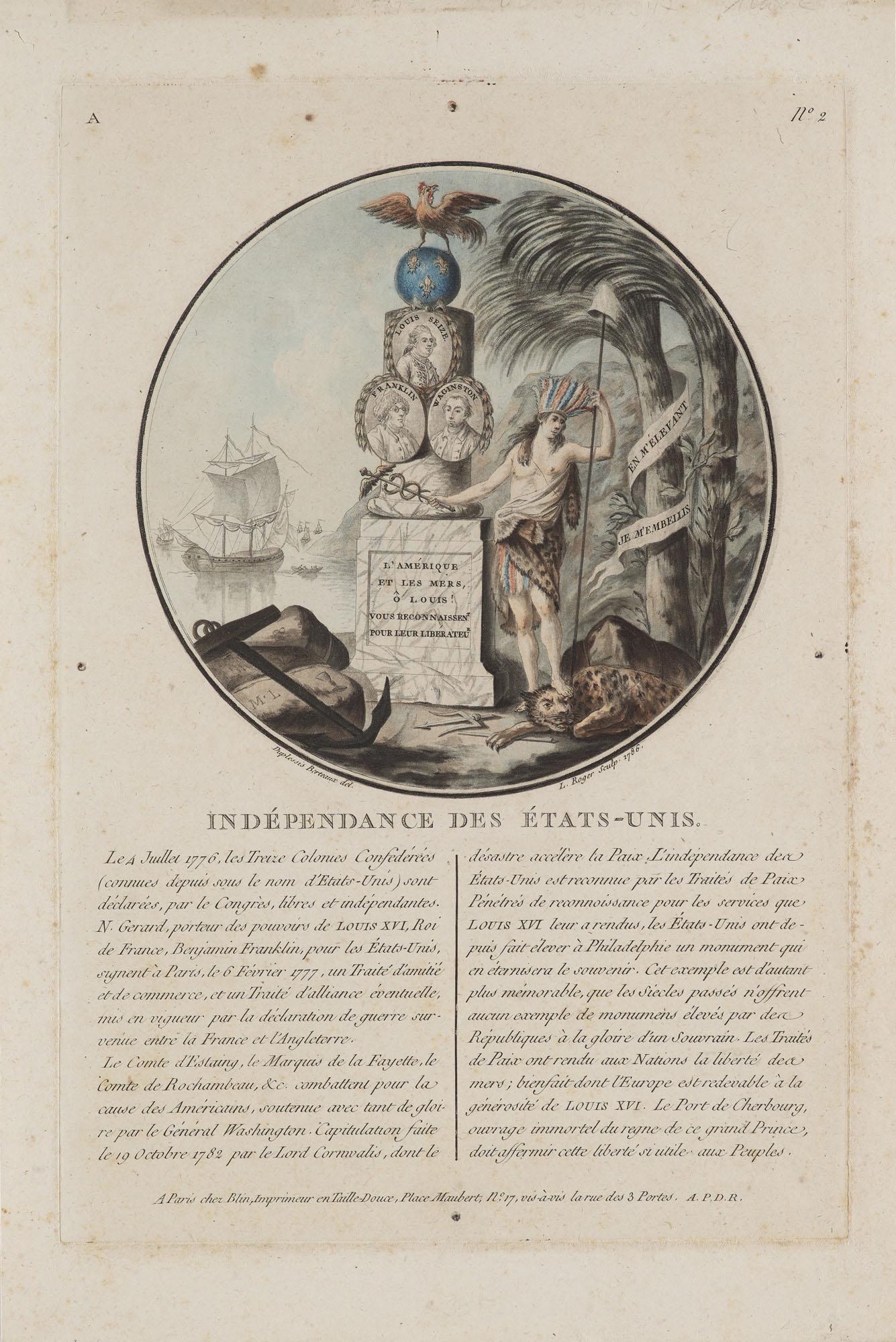 Frankreich - Amerika Duplessis-Bertaux, nach Jean Indépendance des États-Unis.: Frankreich - Amerika Duplessis-Bertaux, nach Jean IndÃ©pendance des Ã‰tats-Unis. Handkolorierter Kupferstich von L. Roger nach Jean Duplessis-Bertaux. Aus: Portraits des Grands Hommes, Femmes ill