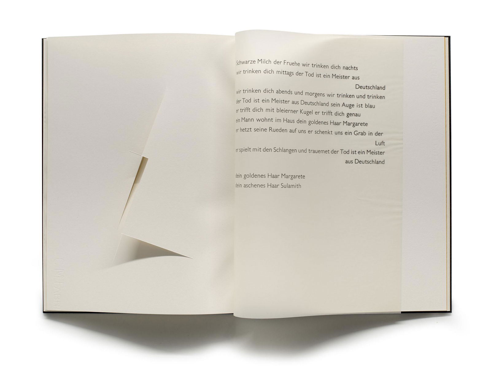 Celan, Paul Todesfuge. Mit 6 Papierarbeiten von Mischa Kuball. New York, "Printed in the Tower of: Celan, Paul Todesfuge. Mit 6 Papierarbeiten von Mischa Kuball. New York, "Printed in the Tower of Poestenkill", 1984. 8 Bll. auf Transparentpapier, die Papierschnitte auf Fabriano-Bütten. Fol. Sc