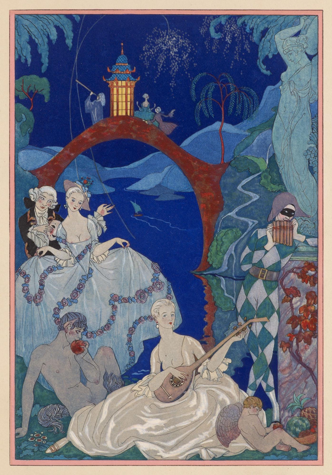 Barbier, George Verlaine, Paul Fêtes galantes. Mit farbig illustriertem Umschlag und Titel: Barbier, George Verlaine, Paul Fêtes galantes. Mit farbig illustriertem Umschlag und Titel sowie 20 pochoirkolorierten und teils in Silber oder Gold gehöhten Tafeln von George Barbier. Paris