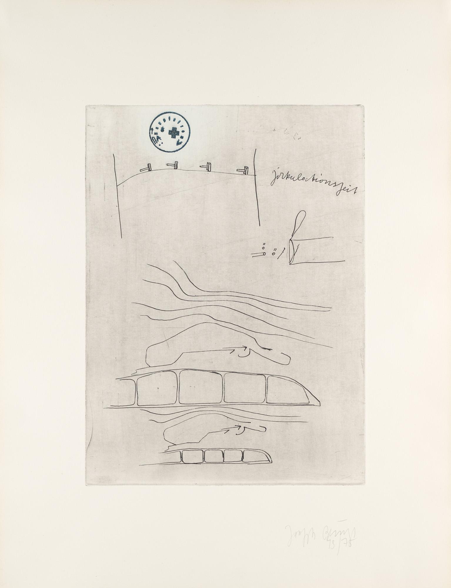 Joseph Beuys Zirkulationszeit. 1982. Kaltnadelradierung auf Arches-Velin (m. WZ). 41,3 x 30 cm (65,5: Fluxus Joseph BeuysZirkulationszeit. 1982. Kaltnadelradierung auf Arches-Velin (m. WZ). 41,3 x 30 cm (65,5 x 50 cm). Signiert und datiert. - Vereinzelt schwach lichtrandig. Verso in den oberen Ecken m