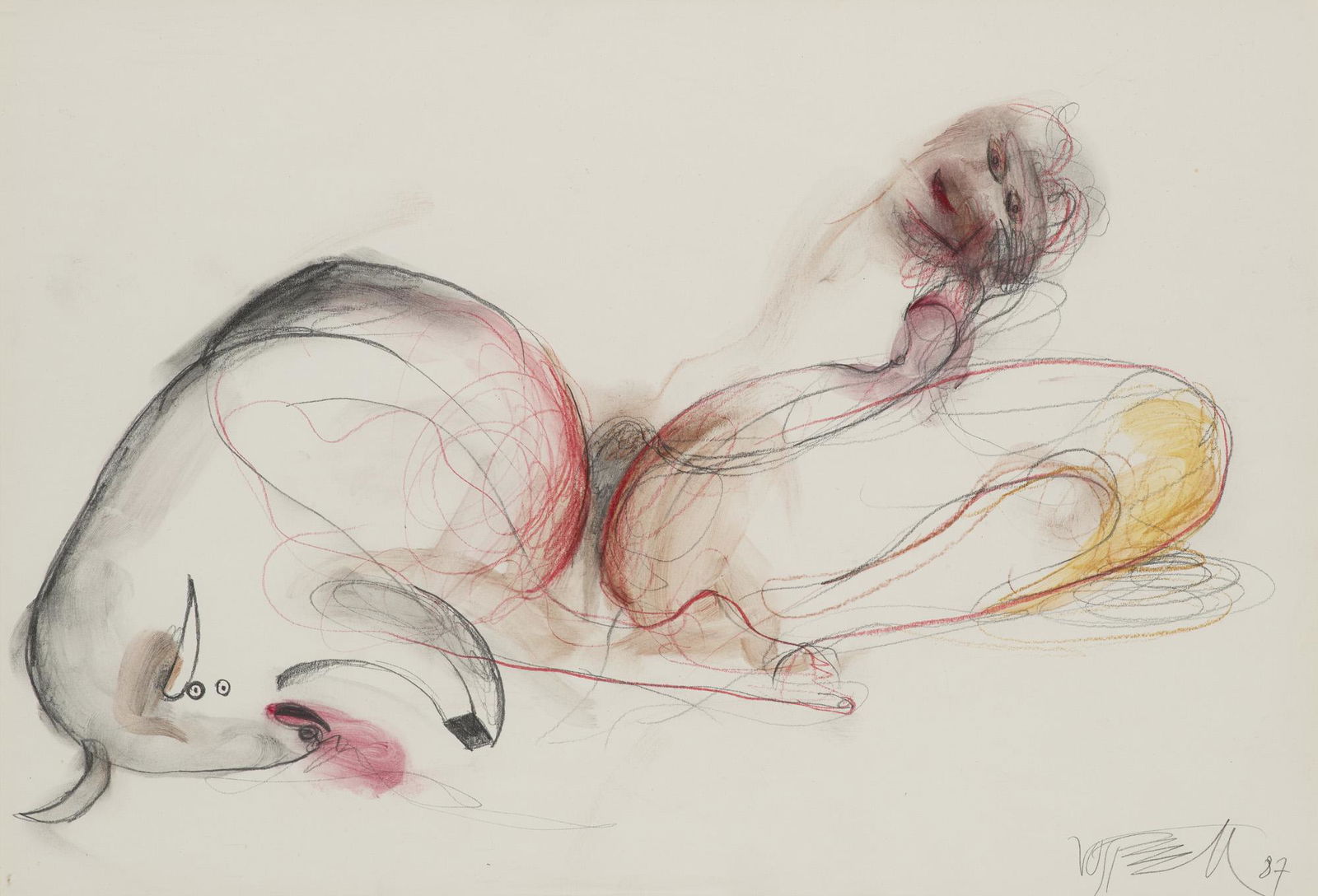 Wolf Vostell 5 Arbeiten in: Stierkampf. 1987. Je Mischtechnik mit Aquarell und Bleistift auf: Fluxus Wolf Vostell5 Arbeiten in: Stierkampf. 1987. Je Mischtechnik mit Aquarell und Bleistift auf Velinkarton. Blattmaße je 25,5 x 36,3 cm. Je signiert und datiert. Je punktuell unter Passeparto