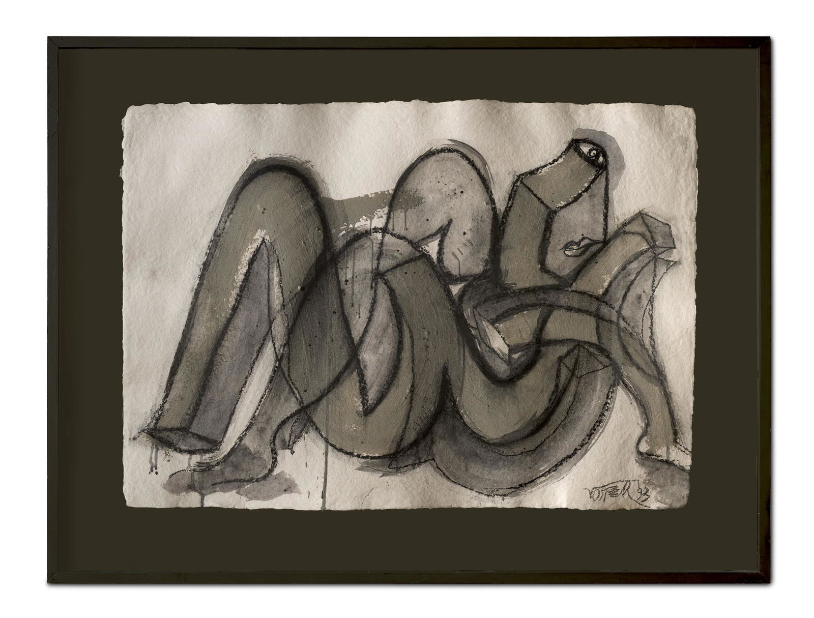 Wolf Vostell Zwei Frauen. 1993. Tusche, Gouache und Beton auf schwerem Bütten. 94 x 124 cm.: Fluxus Wolf VostellZwei Frauen. 1993. Tusche, Gouache und Beton auf schwerem Bütten. 94 x 124 cm. Signiert und datiert. Im zugehörigen, vom Künstler gestalteten Rahmen unter Glas gerahm