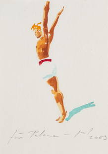 Norbert Bisky Springer. 2003. Aquarell über Bleistift auf Aquarellkarton. 18 x 12,7 cm.: Contemporary Art Norbert BiskySpringer. 2003. Aquarell über Bleistift auf Aquarellkarton. 18 x 12,7 cm. Signiert, datiert und gewidmet. Punktuell auf Unterlage montiert, im Passepartout freigeste