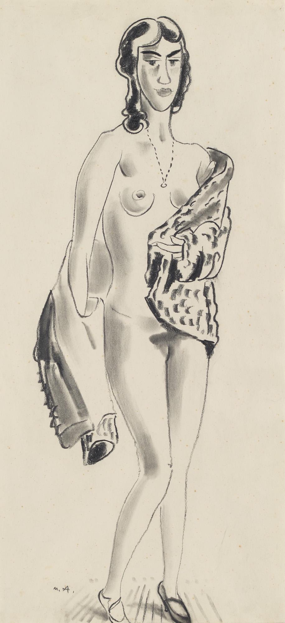 Max Ackermann Stehender Akt. Frühe 1920er Jahre. Graphit auf Velin. 62 x 28,5 cm.: Classical Modernism Max AckermannStehender Akt. Frühe 1920er Jahre. Graphit auf Velin. 62 x 28,5 cm. Monogrammiert. Punktuell auf Unterlage und unter Passepartout montiert. - Mit einem kleinen Ei