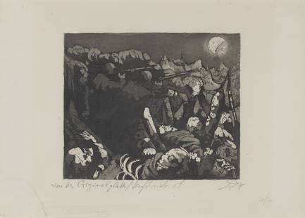 Otto Dix Die Sappenposten haben nachts das Feuer zu unterhalten, aus: Der Krieg. 1924 / 1961.: Classical ModernismExpressionismusOtto DixDie Sappenposten haben nachts das Feuer zu unterhalten, aus: Der Krieg. 1924 / 1961. Aquatintaradierung auf BFK Rives Velin (mit WZ). 24,5 x 29 cm (36,5 x 52
