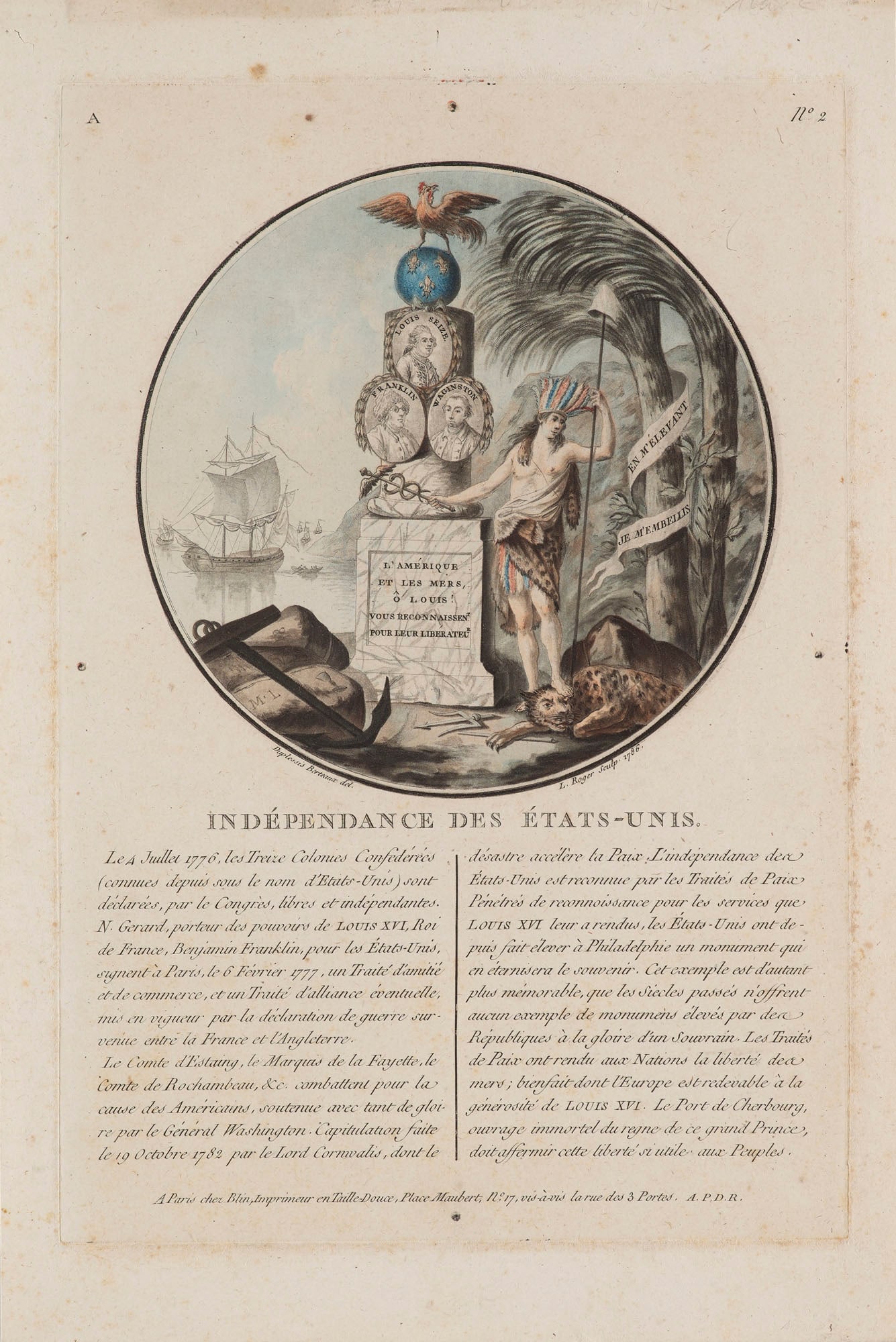 Duplessis-Bertaux, nach Jean Indépendance des États-Unis. Handkolorierter Kupferstich von: Frankreich - Amerika Duplessis-Bertaux, nach Jean Indépendance des États-Unis. Handkolorierter Kupferstich von L. Roger nach Jean Duplessis-Bertaux. Aus: Portraits des Grands Hommes, Femmes
