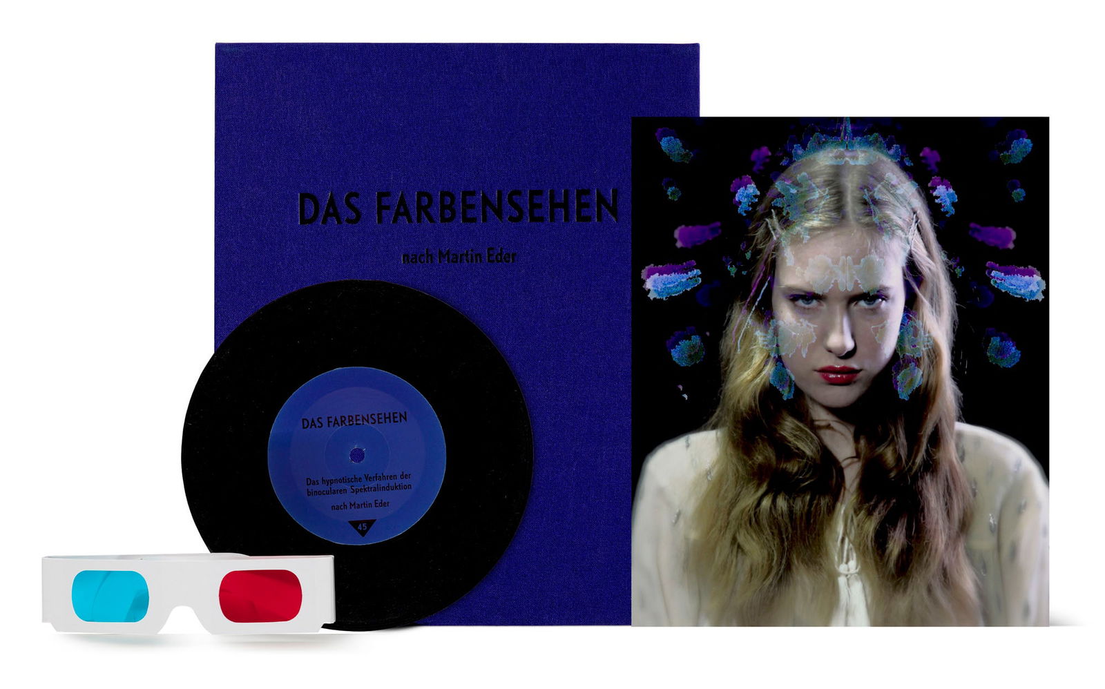 Eder, Martin Das Farbensehen. Multiple mit 5 Inkjet-Photographien, Anaglyph-Graphik mit 3D-Brille,: Eder, Martin Das Farbensehen. Multiple mit 5 Inkjet-Photographien, Anaglyph-Graphik mit 3D-Brille, Vinyl-Single und Glasobjekt. Hamburg, Griffelkunst, 2016. 2 Bll. Text. Zusammen in blauer OLwd.-Kasse