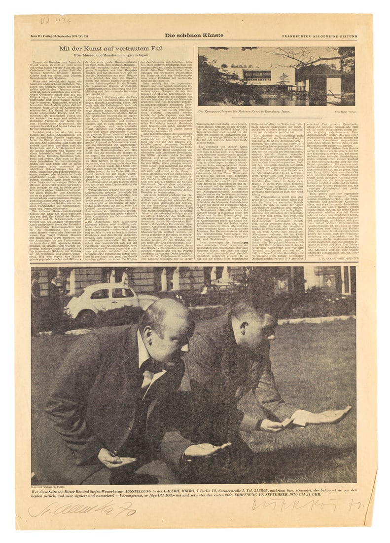Roth, Dieter Sammlung von 10 teils signierten Werken.: Roth, DieterSammlung von 10 teils signierten Werken.Enthält: Dieter Roth u. Stefan Wewerka. Doppelblatt aus der Frankfurter Allgemeinen Zeitung vom 11. September 1970. Von beiden Künstlern j