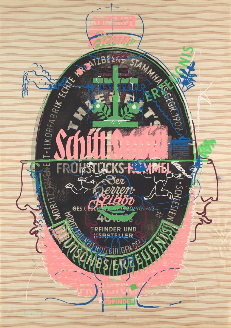 Dieter Roth, Stefan Wewerka Große Kümmelei. 1970. 1 Arbeit, bestehend aus 2: Fluxus Dieter Roth, Stefan WewerkaGroße Kümmelei. 1970. 1 Arbeit, bestehend aus 2 Farbserigraphien, jeweils auf gemustertem Überzugspapier. Blattmaße von 69,3 x 50,4 cm bis 69,8 x 49 cm. Jeweils v