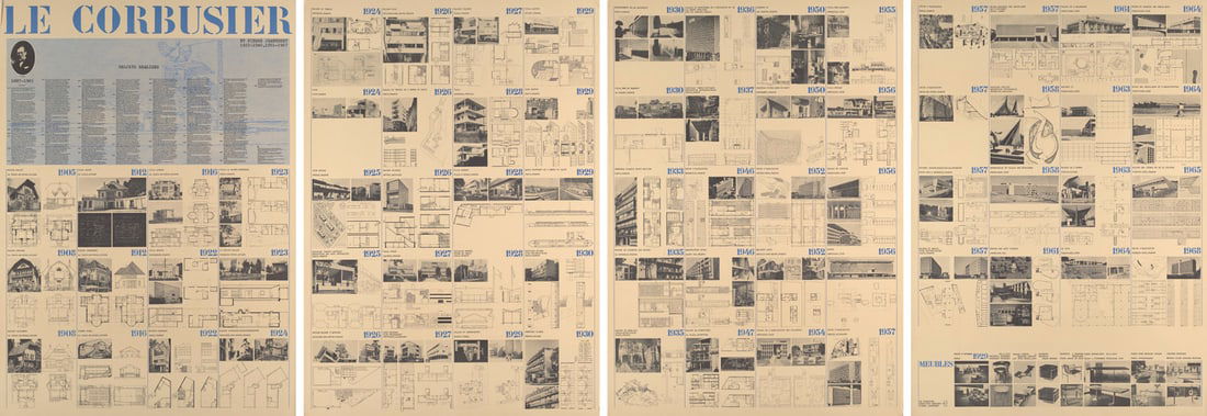 Le Corbusier u. Pierre Jeanneret Le Corbusier et Pierre Jeanneret. Projets réalisés.: ModerneLe Corbusier u. Pierre JeanneretLe Corbusier et Pierre Jeanneret. Projets réalisés. 1922-1940, 1951-1967. Vierteiliges Plakat. Zürich Éditions Girsberger, Les Éditions