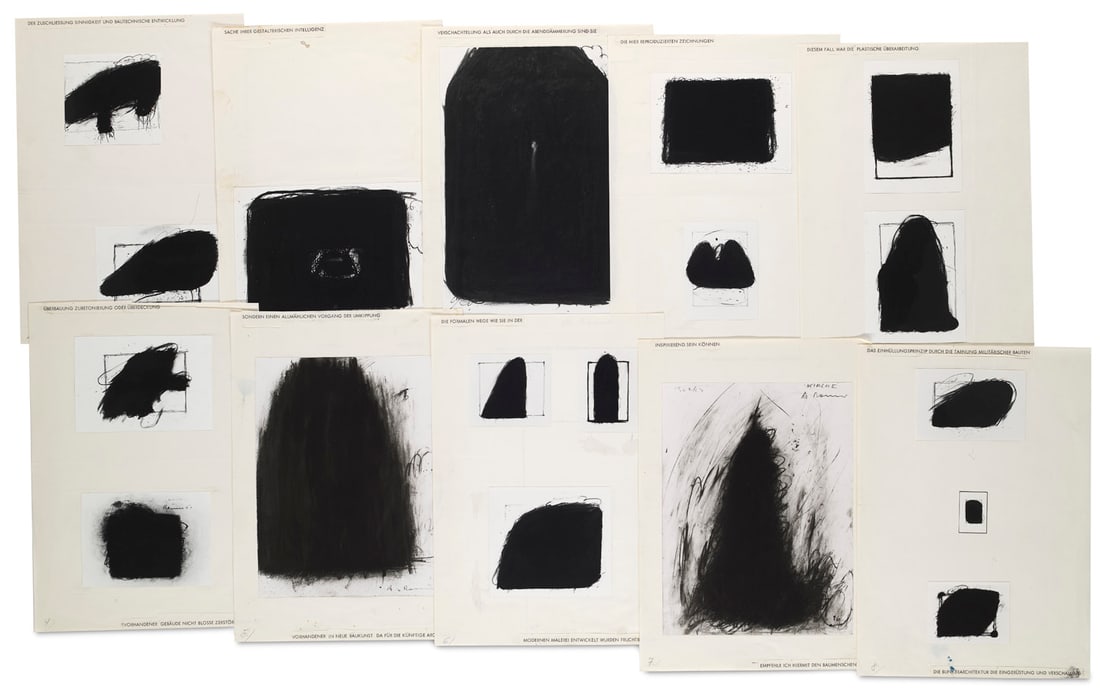 Rainer, Arnulf Schwarze Architektur. Original-Vorlage für die von Stefan Wewerka herausgegebene: ModerneRainer, ArnulfSchwarze Architektur. Original-Vorlage für die von Stefan Wewerka herausgegebene Publikation. Berlin, 1967. 12 Blätter mit 21 montierten Photographien der Illustrationen