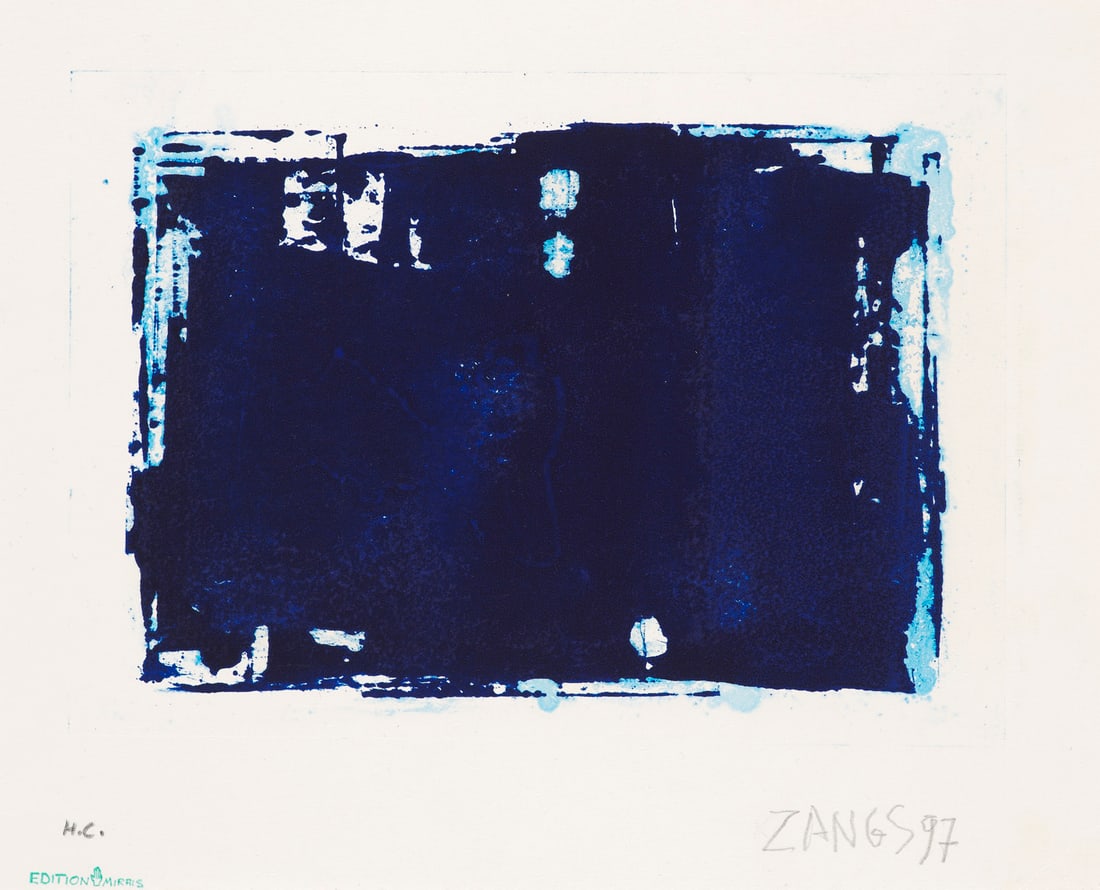 Herbert Zangs o.T. (Blaue Flächenformation). 1997. Hell- und Dunkelblauer Tiefdruck in Acryl.: ZEROZangs, Herberto.T. (Blaue Flächenformation). 1997. Hell- und Dunkelblauer Tiefdruck in Acryl. (Handdruck mit unikatärem Charakter). 17,5 x 24,8 cm (24,3 x 29,6 cm). Signiert, datiert, so