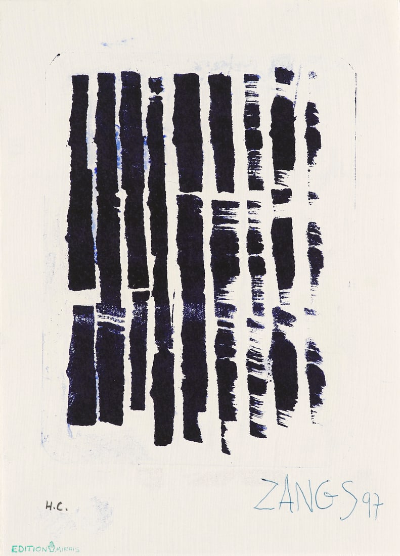 Herbert Zangs o.T. (Scheibenwischerbild). 1997. Blauvioletter Tiefdruck in Acryl. (Handdruck mit: ZEROZangs, Herberto.T. (Scheibenwischerbild). 1997. Blauvioletter Tiefdruck in Acryl. (Handdruck mit unikatärem Charakter). 18,5 x 14 cm (25,2 x 18,4 cm). Signiert, datiert, sowie mit einem Stemp