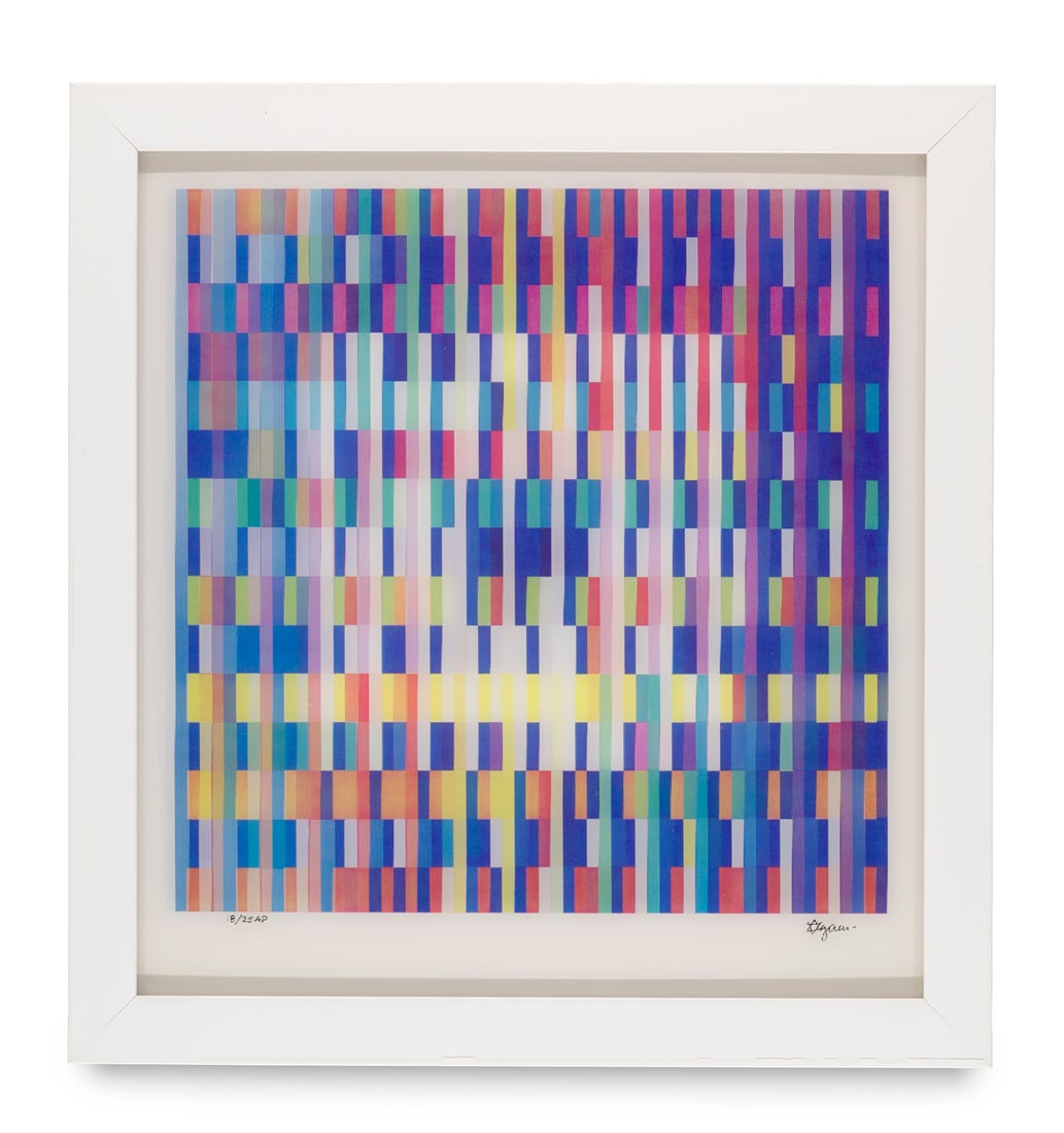 Yaacov Agam BB #8. Blue Space. Ca. 1985. Farbiger Lentikulardruck unter vertikal gerilltem Plexiglas (1 of 1)