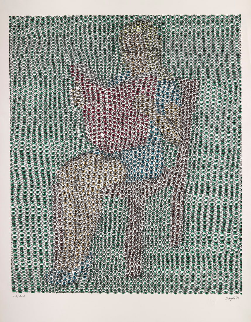 Thomas Bayrle Hör zu. 1971. Farblithographie auf Bütten. 65 x 54 cm. Signiert und: Deutsche NachkriegsmoderneBayrle, ThomasHör zu. 1971. Farblithographie auf Bütten. 65 x 54 cm. Signiert und nummeriert. - Sehr guter Zustand des Blattes mit minimalen Griffspuren. Prachtvoll