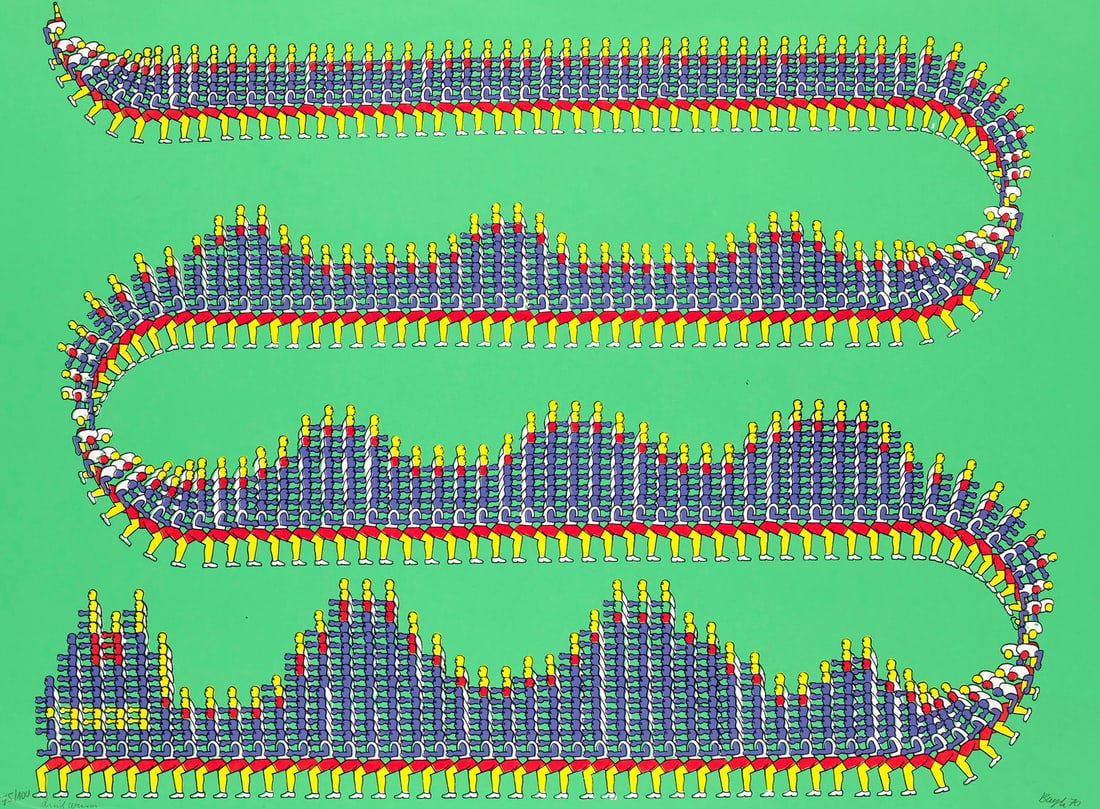 Thomas Bayrle Lindwurm. 1970. Farbserigraphie auf Velin. 48 x 68 cm. Signiert und nummeriert. -: Deutsche NachkriegsmoderneBayrle, ThomasLindwurm. 1970. Farbserigraphie auf Velin. 48 x 68 cm. Signiert und nummeriert. - Ecken teilweise leicht bestoßen, minimaler Einriss am linken Bildrand. Do