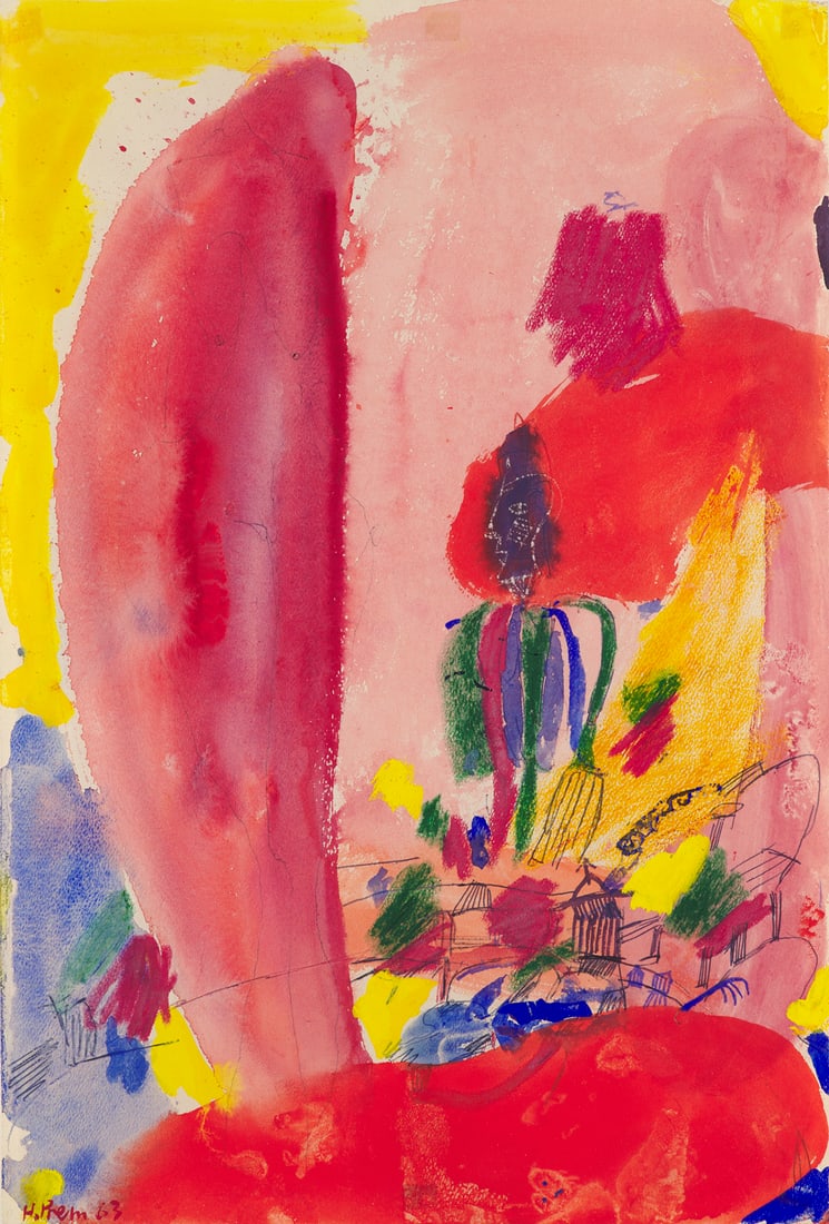 Heimrad Prem o.T. (abstrakte Komposition). 1963. Mischtechnik mit Aquarell, Pastell und: Deutsche NachkriegsmodernePrem, Heimrado.T. (abstrakte Komposition). 1963. Mischtechnik mit Aquarell, Pastell und Kugelschreiber auf Velin. Sichtmaße 41,5 x 28,5 cm. Signiert und datiert. Freiste