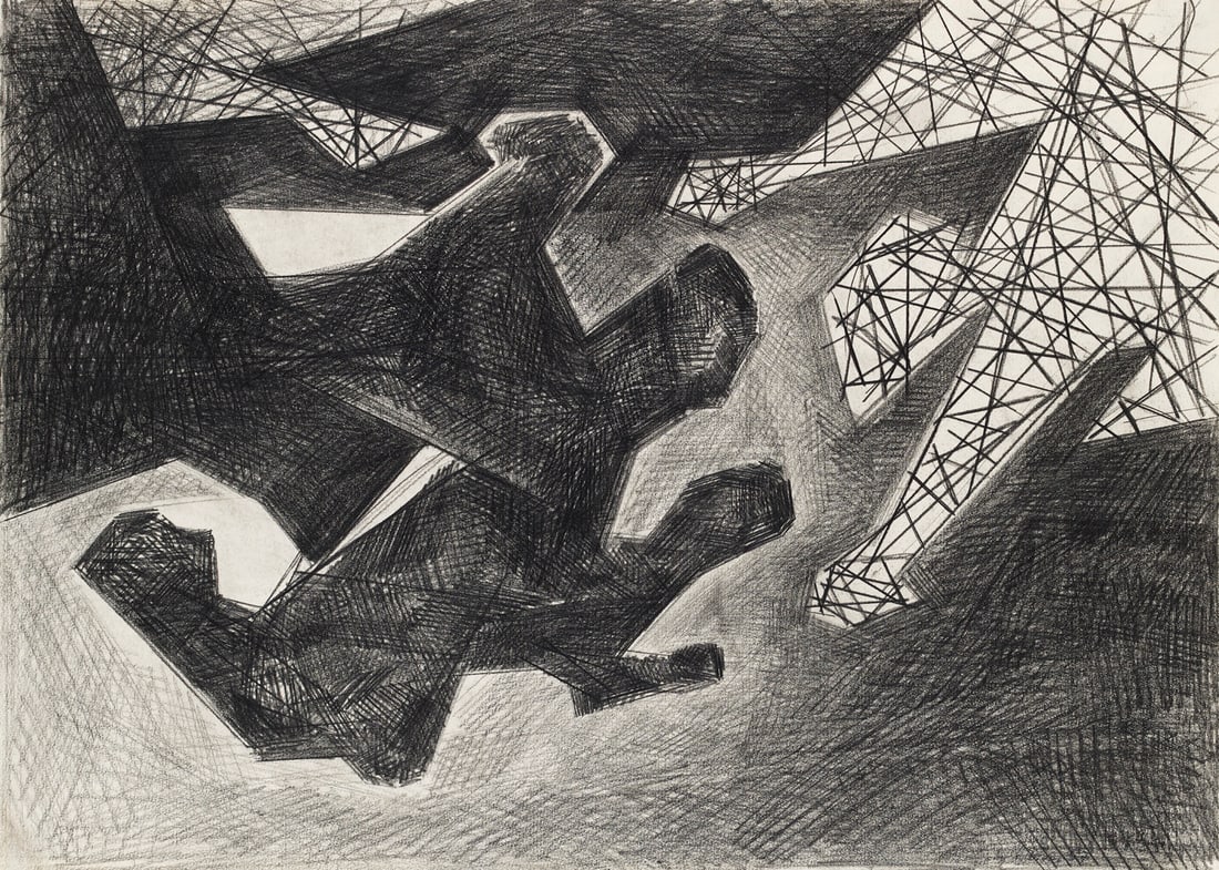 Hans Uhlmann o.T. 1957. Bleistift auf CMFabriano-Velin. 47,8 x 66,5 cm. Unten rechts innerhalb der: Deutsche NachkriegsmoderneUhlmann, Hanso.T. 1957. Bleistift auf CMFabriano-Velin. 47,8 x 66,5 cm. Unten rechts innerhalb der Darstellung signiert und datiert. Punktuell auf Unterlage freistehend monti