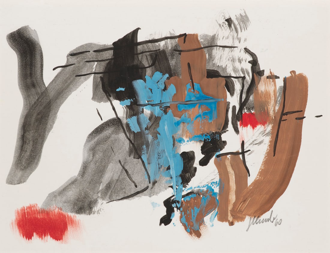 Fritz Winter o.T. (abstrakte Komposition). 1960. Mischtechnik mit Öl auf Velin. 17 x 24 cm.: InformelWinter, Fritzo.T. (abstrakte Komposition). 1960. Mischtechnik mit Öl auf Velin. 17 x 24 cm. Signiert und datiert. - Punktuell auf Unterlage montiert, im Passepartout freistehend, unter Gl