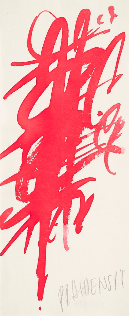 Markus Prachensky o.T. Um 1960. Aquarell in Rot auf Velin. Ca. 24 x 10,5 cm. Signiert. In Punkten: Österreichische NachkriegsmodernePrachensky, Markuso.T. Um 1960. Aquarell in Rot auf Velin. Ca. 24 x 10,5 cm. Signiert. In Punkten auf Unterlage montiert (ungeöffnet). - Augenscheinlich sehr