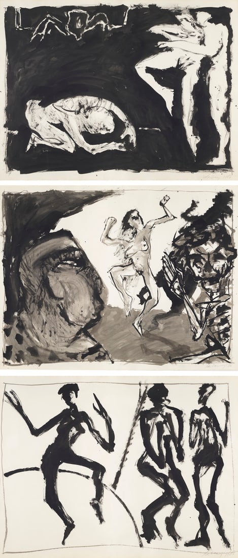 Helge Leiberg O.T. 3 Arbeiten, in: Totentanz. 1986. Je Aquarell auf Velin. 68 x 90 cm. Je signiert: Ostdeutsche KunstLeiberg, HelgeO.T. 3 Arbeiten, in: Totentanz. 1986. Je Aquarell auf Velin. 68 x 90 cm. Je signiert und datiert. Je verso punktuell auf Unterlage montiert und unter Glas gerahmt. - Lei