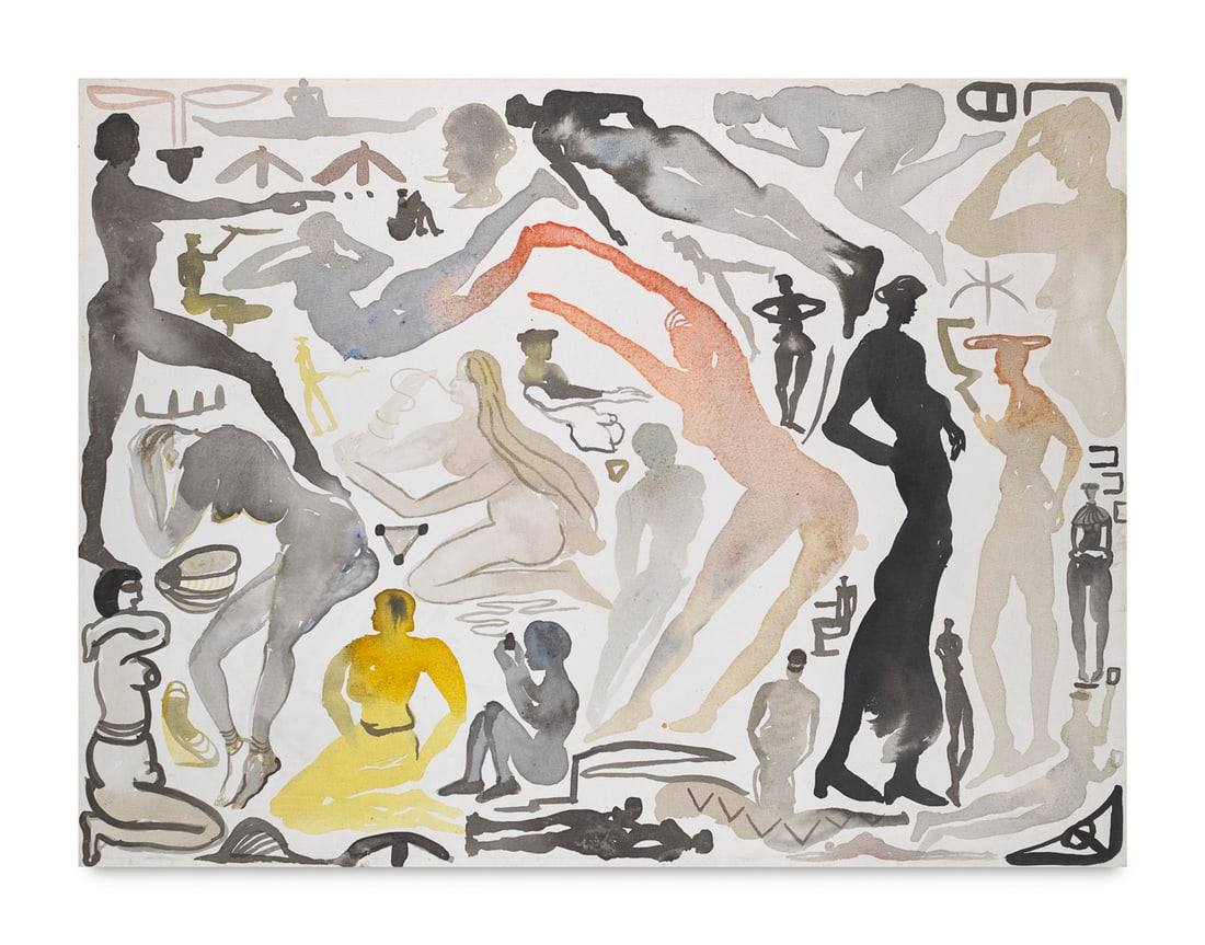 Cornelia Schleime o.T. 1992. Farbige Tusche auf Leinwand. 60 x 80 cm. Verso monogrammiert und: Ostdeutsche KunstSchleime, Corneliao.T. 1992. Farbige Tusche auf Leinwand. 60 x 80 cm. Verso monogrammiert und datiert. - An den Kanten punktuell mit leichtem Farbabrieb als Spur einer ehemaligen Rahm