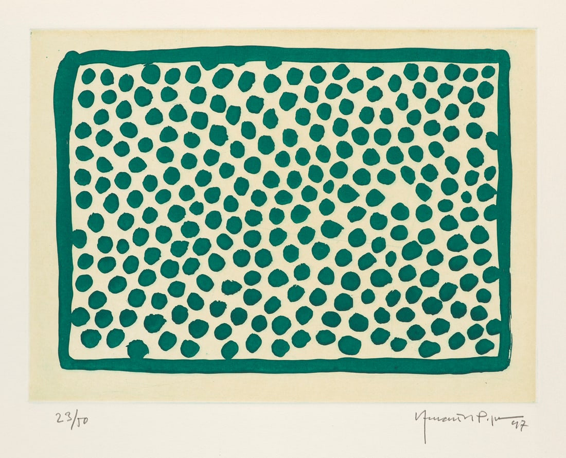 Joan Hernandez Pijuan 2 Arbeiten. (Kompositionen mit Punkten). 1997. Je Aquatintaradierung in: Spanische ModernePijuan, Joan Hernandez2 Arbeiten. (Kompositionen mit Punkten). 1997. Je Aquatintaradierung in Grün auf augewalztem China auf Velin. 24 x 32,5 cm (38,5 x 56,5 cm). Signiert, datie