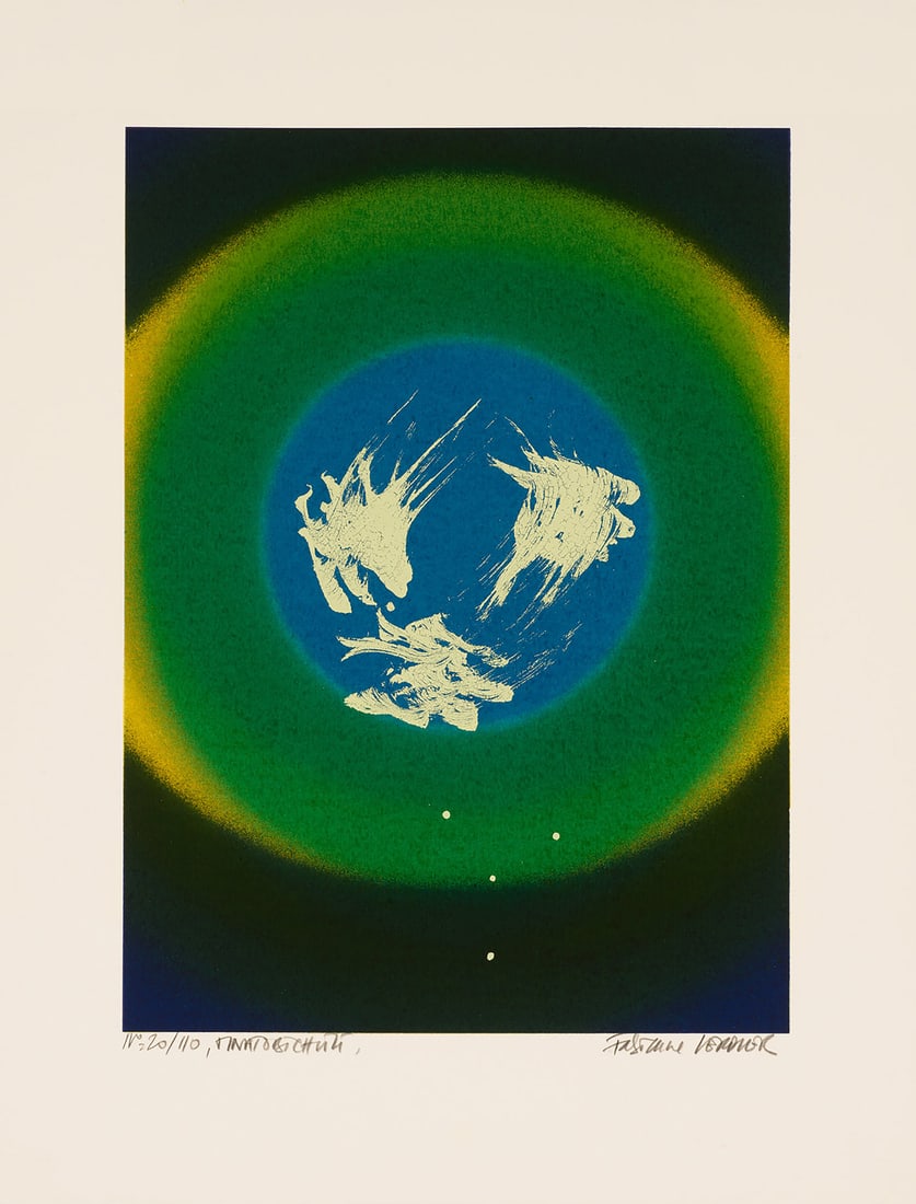 Fabienne Verdier Mnatobichvili. 2024. Farbsiebdruck in Ockerorange, Dunkelgrün, Somernachtsblau: Zeitgenössische KunstVerdier, FabienneMnatobichvili. 2024. Farbsiebdruck in Ockerorange, Dunkelgrün, Somernachtsblau und Emailweiß-Deckung auf Velin. Signiert, datiert und bezeichnet. 3