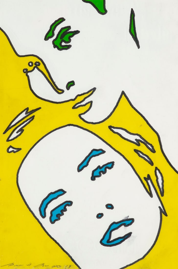 Werner Berges 100+55. 2017. Folie und Tusche auf festem Velin. 24 x 16 cm. Signiert und datiert.: Pop ArtBerges, Werner100+55. 2017. Folie und Tusche auf festem Velin. 24 x 16 cm. Signiert und datiert. Punktuell in Passepartout montiert und unter Glas gerahmt. - Punktuell technikbedingt leicht gri