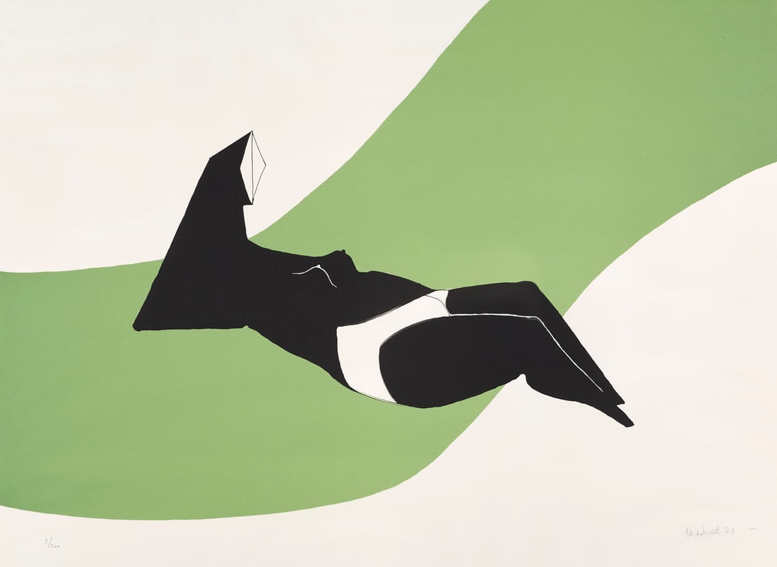 Lynn Chadwick Reclining figure on green wave. 1971. Farblithographie auf Velin. 52 x 75,5 cm (55,5 x: Online Moderne und Zeitgenössische KunstChadwick, LynnReclining figure on green wave. 1971. Farblithographie auf Velin. 52 x 75,5 cm (55,5 x 75,5 cm). Signiert, datiert sowie nummeriert. In Punkt