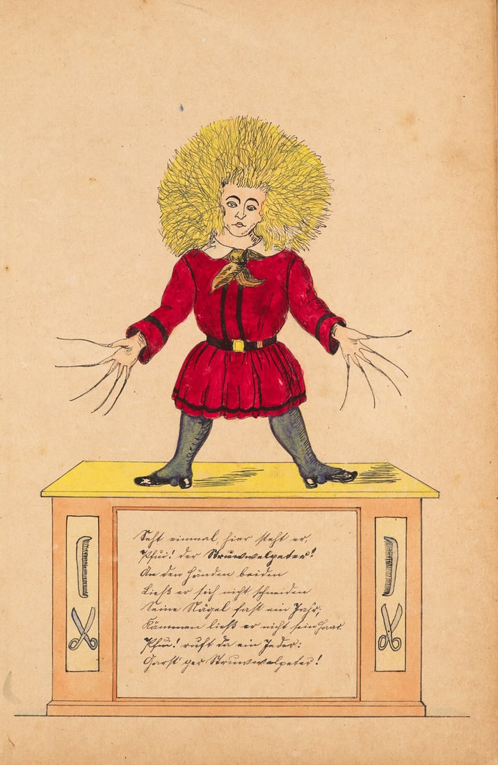 Heinrich Hoffmann Struwwelpeter. Mit handgezeichneten und colorierten Illustrationen nach Hoffmann.: Hoffmann, HeinrichStruwwelpeter. Mit handgezeichneten und colorierten Illustrationen nach Hoffmann. o.O., 1924. 12 Bll. HLwd. d. Zt. (berieben und bestoßen, leichte Wasserschäden, Gelenke te