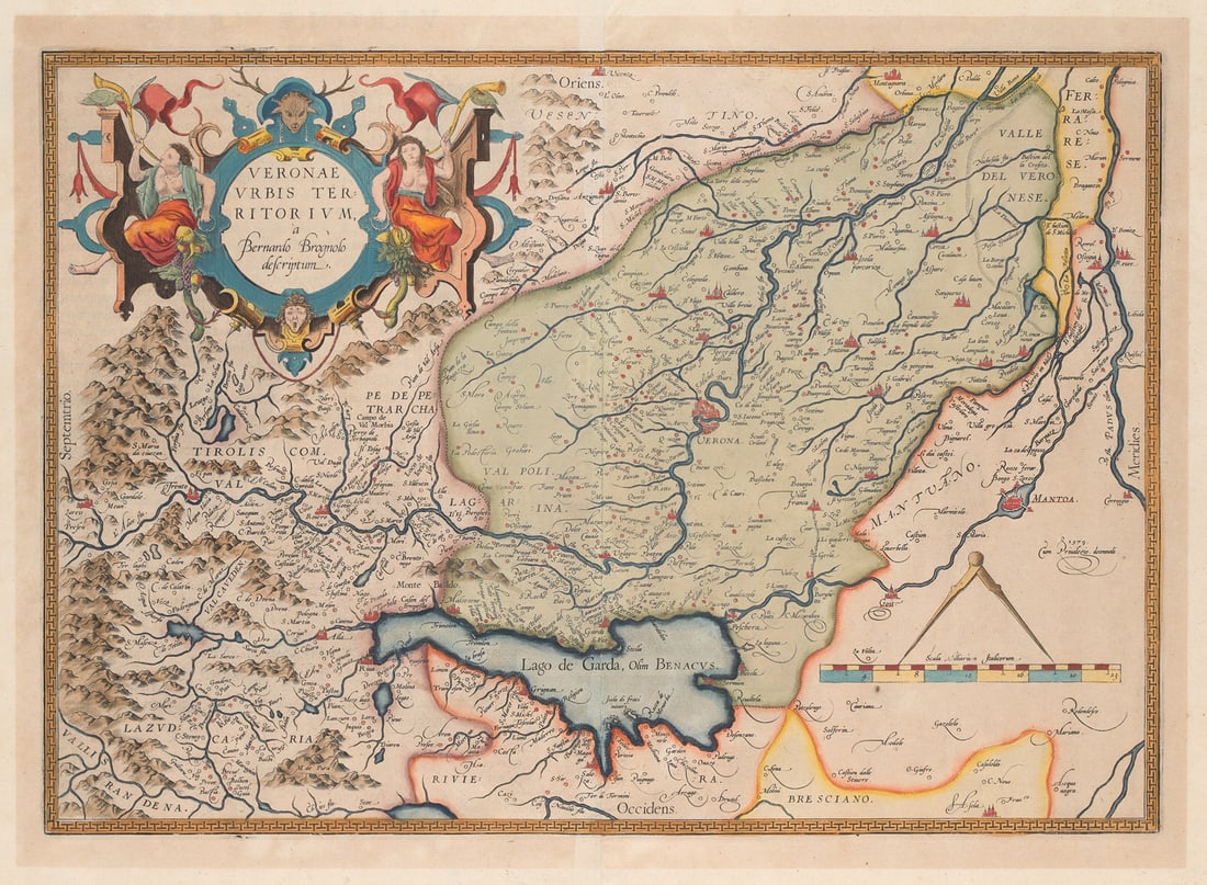 Abraham Ortelius Veronae Urbis Territorium. Kolorierte Kupferstichkarte. Um 1580. Auf Doppelblatt: Karten - ItalienOrtelius, AbrahamVeronae Urbis Territorium. Kolorierte Kupferstichkarte. Um 1580. Auf Doppelblatt Büttenpapier. 33 x 46,5 cm (44 x 57,5 cm). Verso mit typogr. Text in Latein. In P