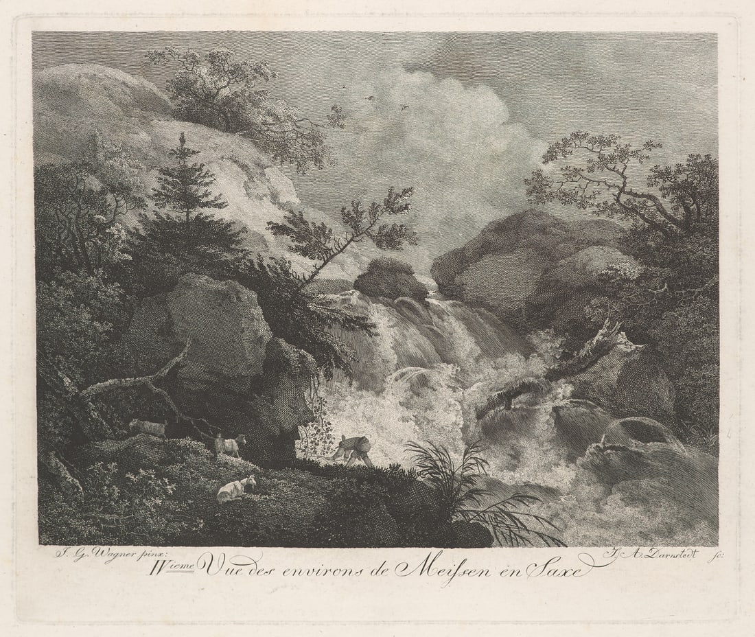 Johann Georg Wagner Malerische Ansichten aus der Umgebung von Meißen/Vue des environs de: SachsenWagner, Johann GeorgMalerische Ansichten aus der Umgebung von Meißen/Vue des environs de Meißen en Saxe. Sammlung von 6 OKupferstichen. Dresden, Jean Gabriel Möller, um 1784. Je