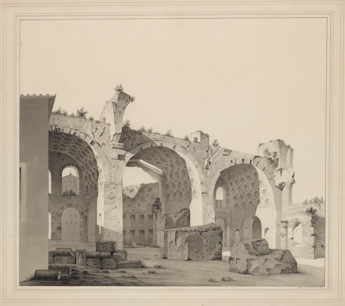 Carl Friedrich Beisbarth Ansicht des Tempio della Pace in Rom. 1835. Lavierte Federzeichnung auf J.: Italien - RomBeisbarth, Carl FriedrichAnsicht des Tempio della Pace in Rom. 1835. Lavierte Federzeichnung auf J. Whatman Velin (m. Wz.). 43 x 49 cm. Signiert und datiert. Im oberen weißen Rand mi