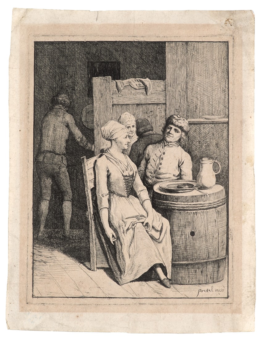 Johann Gottlieb Prestel Paar beim Gespräch. Ca. 1770. Kupferstich auf Velin. 19,5 x 14,5 cm: Prestel, Johann GottliebPaar beim Gespräch. Ca. 1770. Kupferstich auf Velin. 19,5 x 14,5 cm (24,5 x 18,5 cm). Auf Platte signiert.Le Blanc 108. - Johann Gottlieb Prestel war ein deutscher Maler,