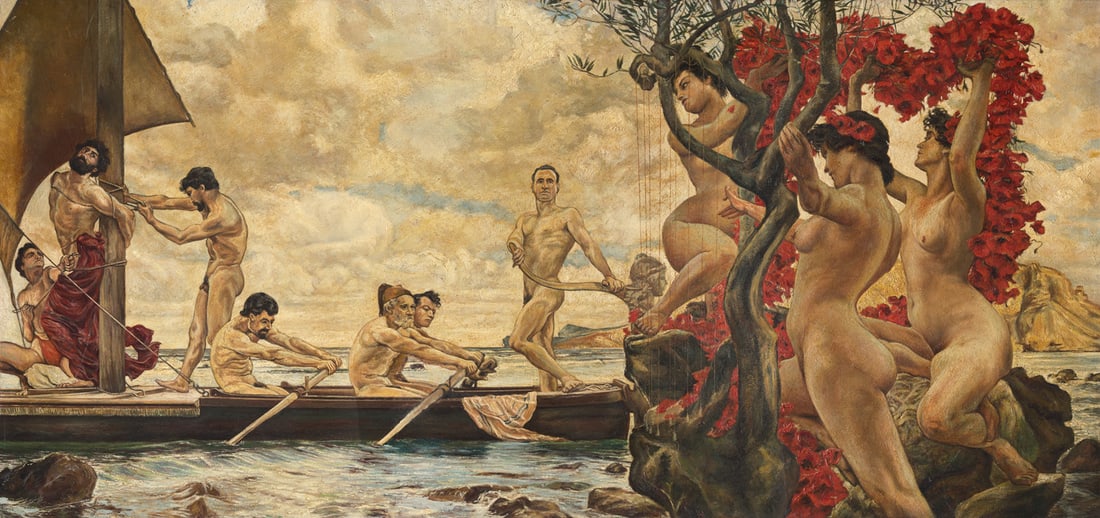 nach Otto Greiner Odysseus und die Sirenen. Um 1920. Öl auf Malpappe. 48,5 x 101,5 cm. Gerahmt.: Klassische ModerneGreiner, nach OttoOdysseus und die Sirenen. Um 1920. Öl auf Malpappe. 48,5 x 101,5 cm. Gerahmt.Wiederholung des Motivs, welches zunächst als Farblithographie entstand (Voge