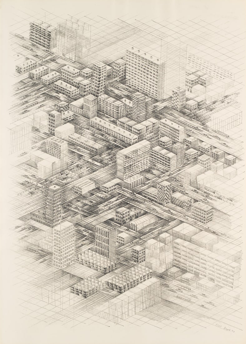 Thomas Bayrle Stadt-City. Portfolio mit 6 Arbeiten. 1977. Je Lithographie auf Velin. Blattmaße: German Post WarThomas BayrleStadt-City. Portfolio mit 6 Arbeiten. 1977. Je Lithographie auf Velin. Blattmaße je ca. 58,5 x 41,8 cm. Je signiert, datiert und nummeriert, teils betitelt. - Lose zus
