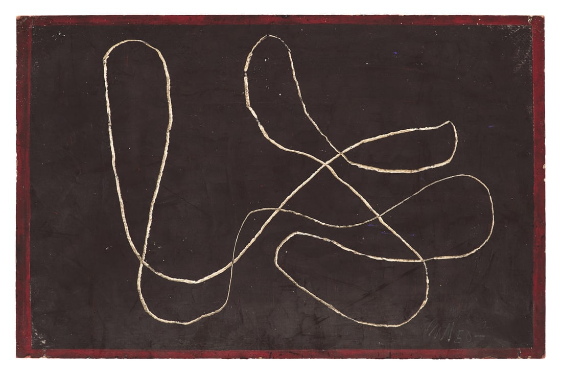 Fritz Winter o.T. (abstrakte Komposition). 1950. Mischtechnik mit Öl auf dünnem Karton.: InformelFritz Wintero.T. (abstrakte Komposition). 1950. Mischtechnik mit Öl auf dünnem Karton. 25,5 x 39,2 cm. Monogrammiert und datiert. In Punkten freistehend in Passepartout montiert. - Mit leich