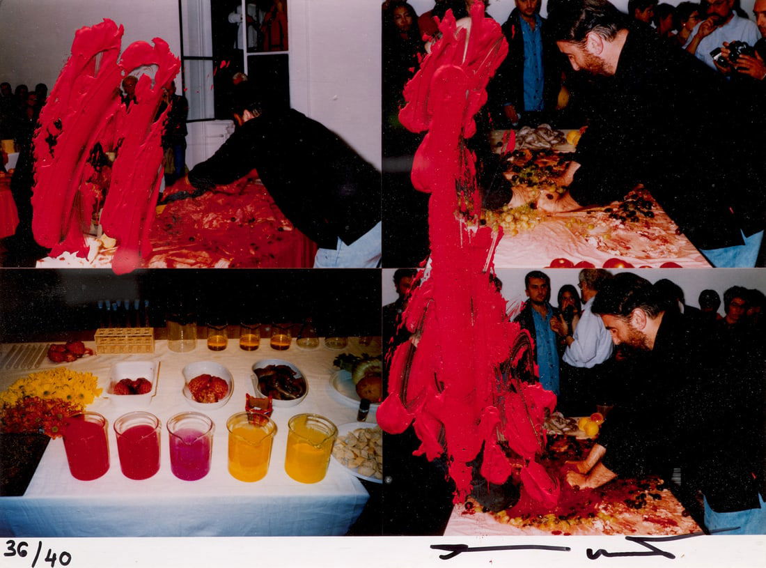 Hermann Nitsch 1 C-print mit Acrylfarbe überarbeitet aus: 104. Malaktion, Lehraktion, Studio: Austrian PostwarHermann Nitsch1 C-print mit Acrylfarbe überarbeitet aus: 104. Malaktion, Lehraktion, Studio d'Arte Cannaviello, Mailand 2000. 2000. Auf Photopapier. 17,6 x 23,6 cm. Signiert, numm