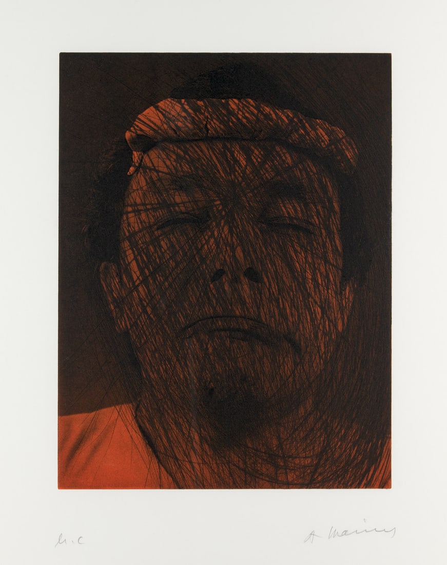 Arnulf Rainer o.T. (Selbstporträt - Kopfschmerz). 2001. Farbradierung auf Hahnemühle Velin: Austrian PostwarArnulf Rainero.T. (Selbstporträt - Kopfschmerz). 2001. Farbradierung auf Hahnemühle Velin (mit Wz.). 40 x 30,5 cm (59,5 x 57 cm). Signiert sowie bezeichnet mit "h.c". Fest au