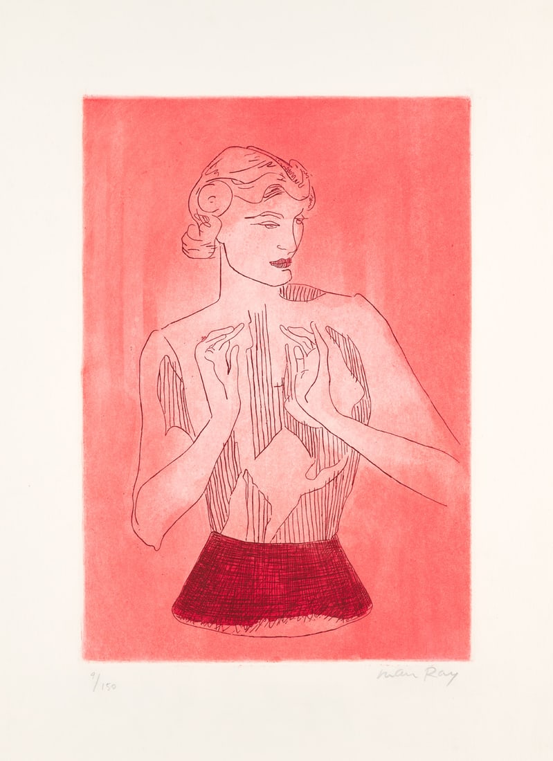 Man Ray Le Mannequin 1975. Farbaquatinta-Radierung auf Vélin. 34,5 x 24,5 cm (50 x 35 cm). In: SurrealismMan RayLe Mannequin 1975. Farbaquatinta-Radierung auf Vélin. 34,5 x 24,5 cm (50 x 35 cm). In Bleistift signiert und nummeriert. Mit dem Blindstempel der Grafica d'Arte Lombardi, Rom. -